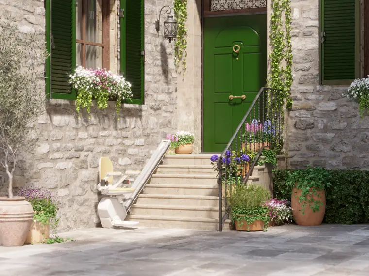 Montascale Acorn su gradini esterni in pietra davanti a una porta verde